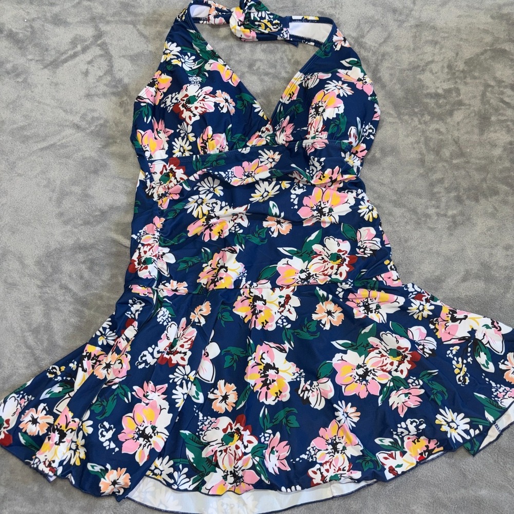 Shekini Swimsuit Halter One Piece Dress Womens Large Blue‎ Floral Padded Ruched